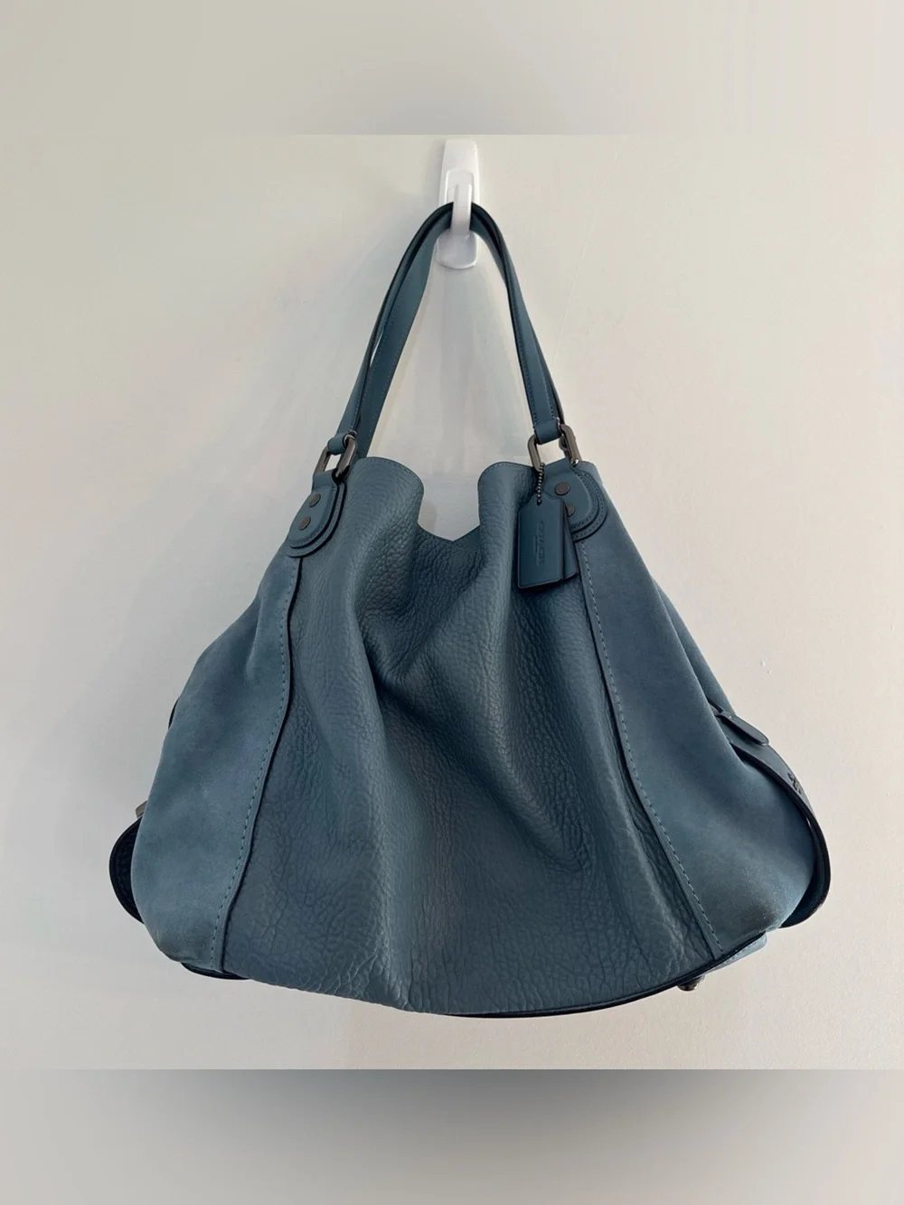 Coach Edie 42 Buffalo-Embossed Mixed Leathers Blue Large Shoulder Bag